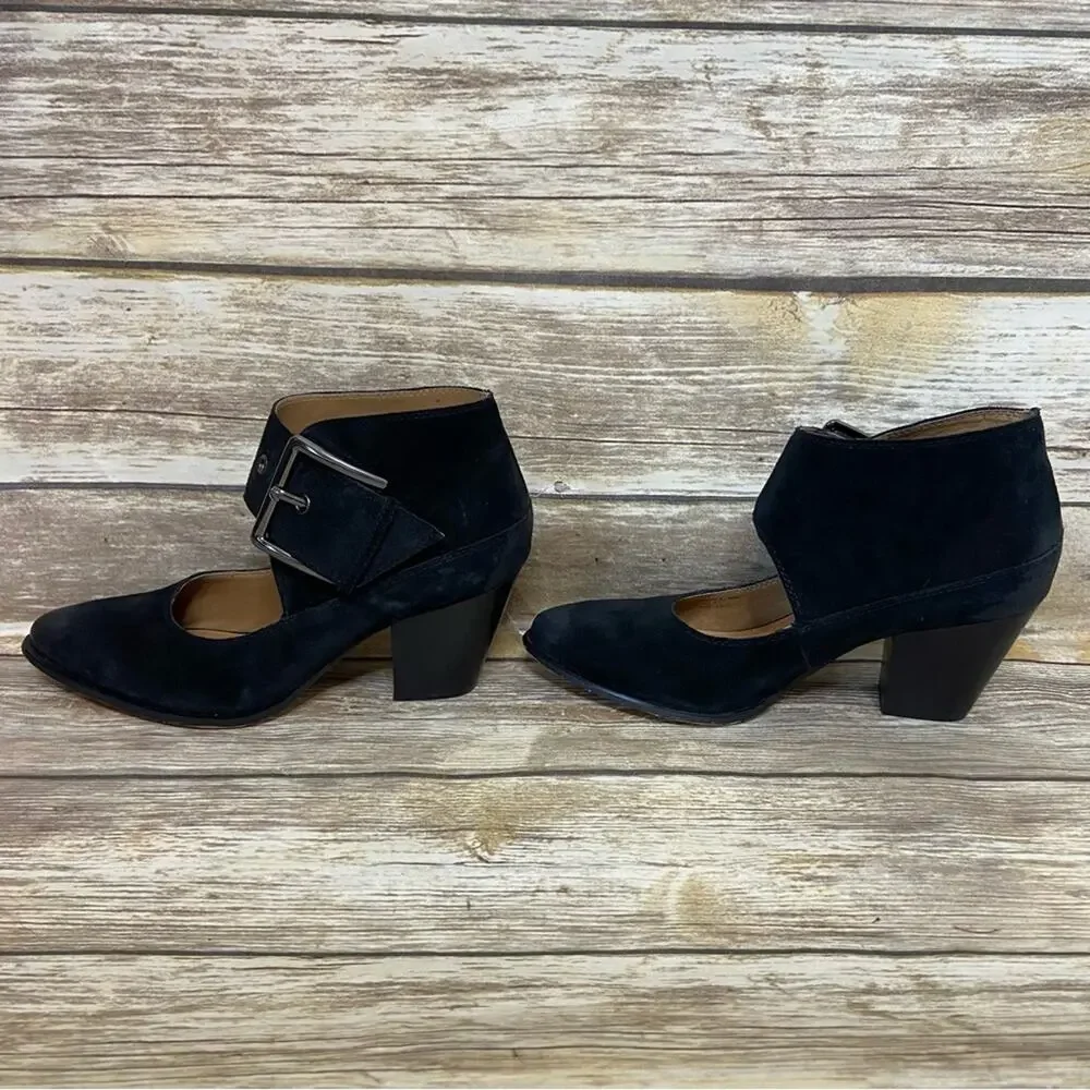 Corso coma Bernadette 8 black suede ankle booty witchy heel big buckle